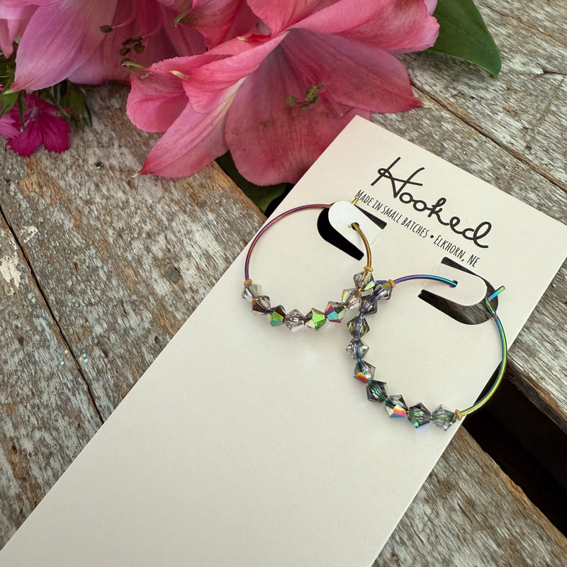 Crystal Beaded Hoop Earrings - Chrome Rainbow