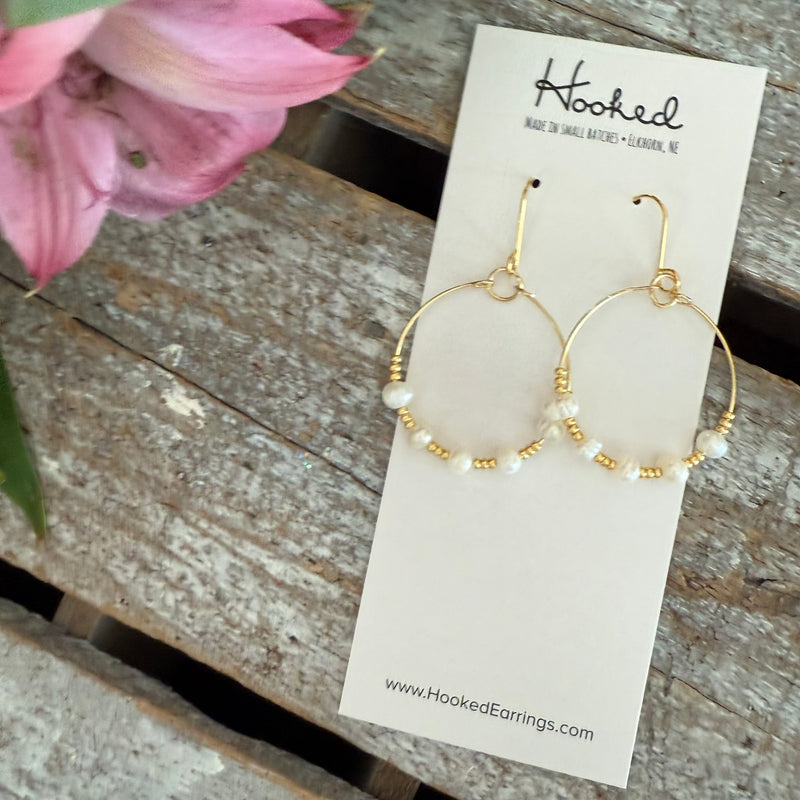 Beaded Hoop Earrings - Gold & Pearl - Medium