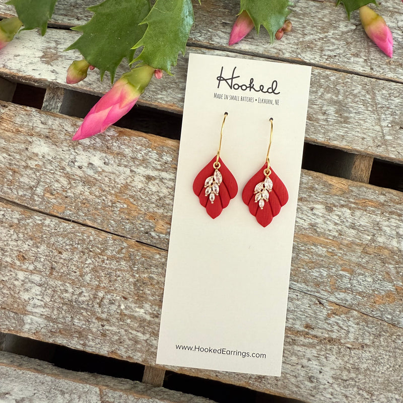 Gold Pave Rhinestone Earrings in Christmas Red - Small