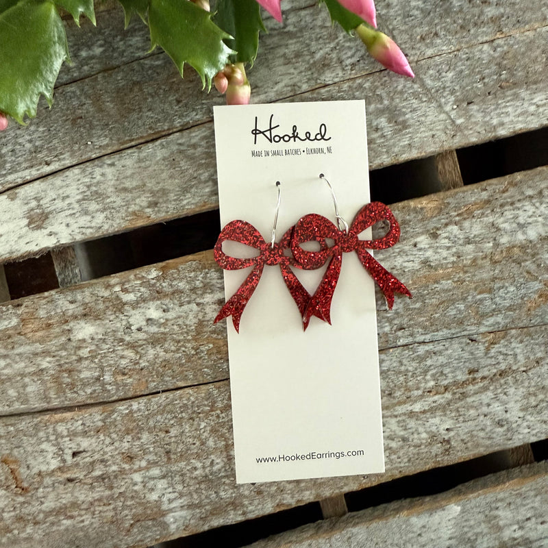 Glitzy Bow Earrings - Red Glitter