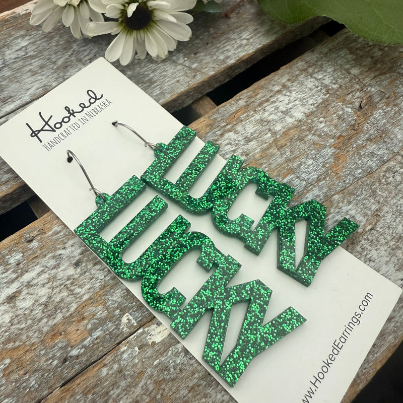 Glittered LUCKY - Large Statement Earrings