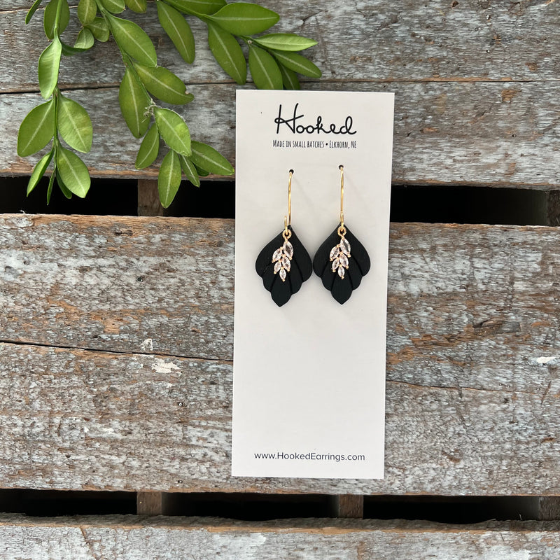 Gold Pave Rhinestone Earrings in Ebony - Small